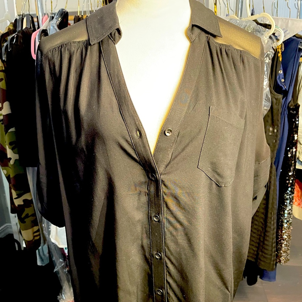 Jet black Express blouse. Super soft with sheet panel
